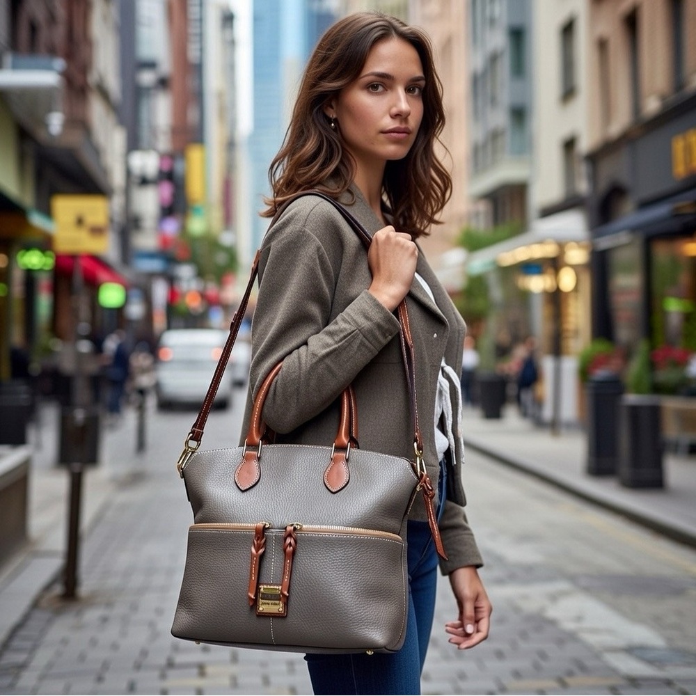 Dooney & Bourke Dillen Double Pocket Satchel in Elephant Grey - Picture 2 of 16